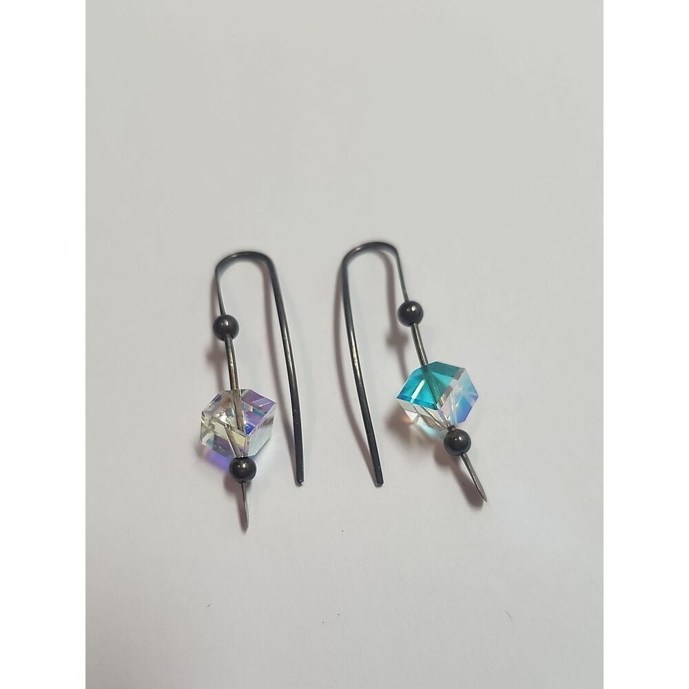 Sterling Silver Aurora Crystal Cube Drop Earrings - Iridescent